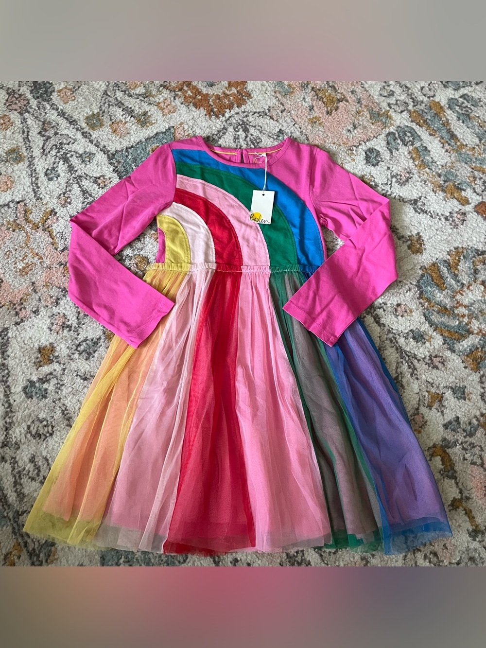 NWT Mini Boden Pink Rainbow Tulle Long Sleeve Dress
